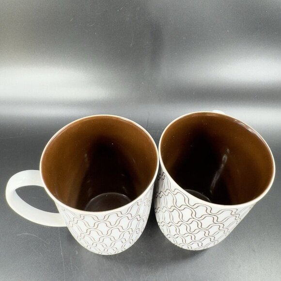 1970s FITZ & FLOYD FISHNET COFFEE MUG CUP BROWN WHITE HANDLED MUG SET 2 Pcs - Picture 6 of 13